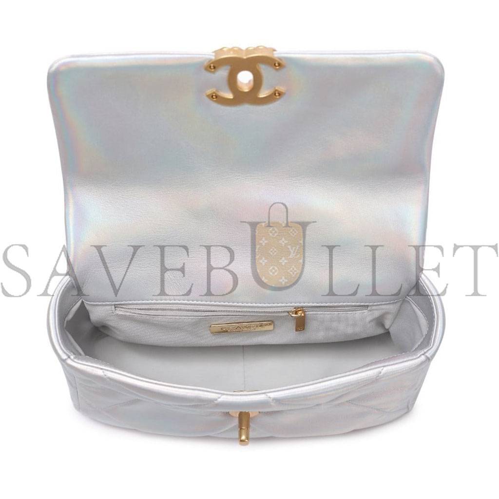 Ch*el iridescent calfskin quilted medium Ch*el 19 flap light gold purple blue as1160 (26*17*8cm)